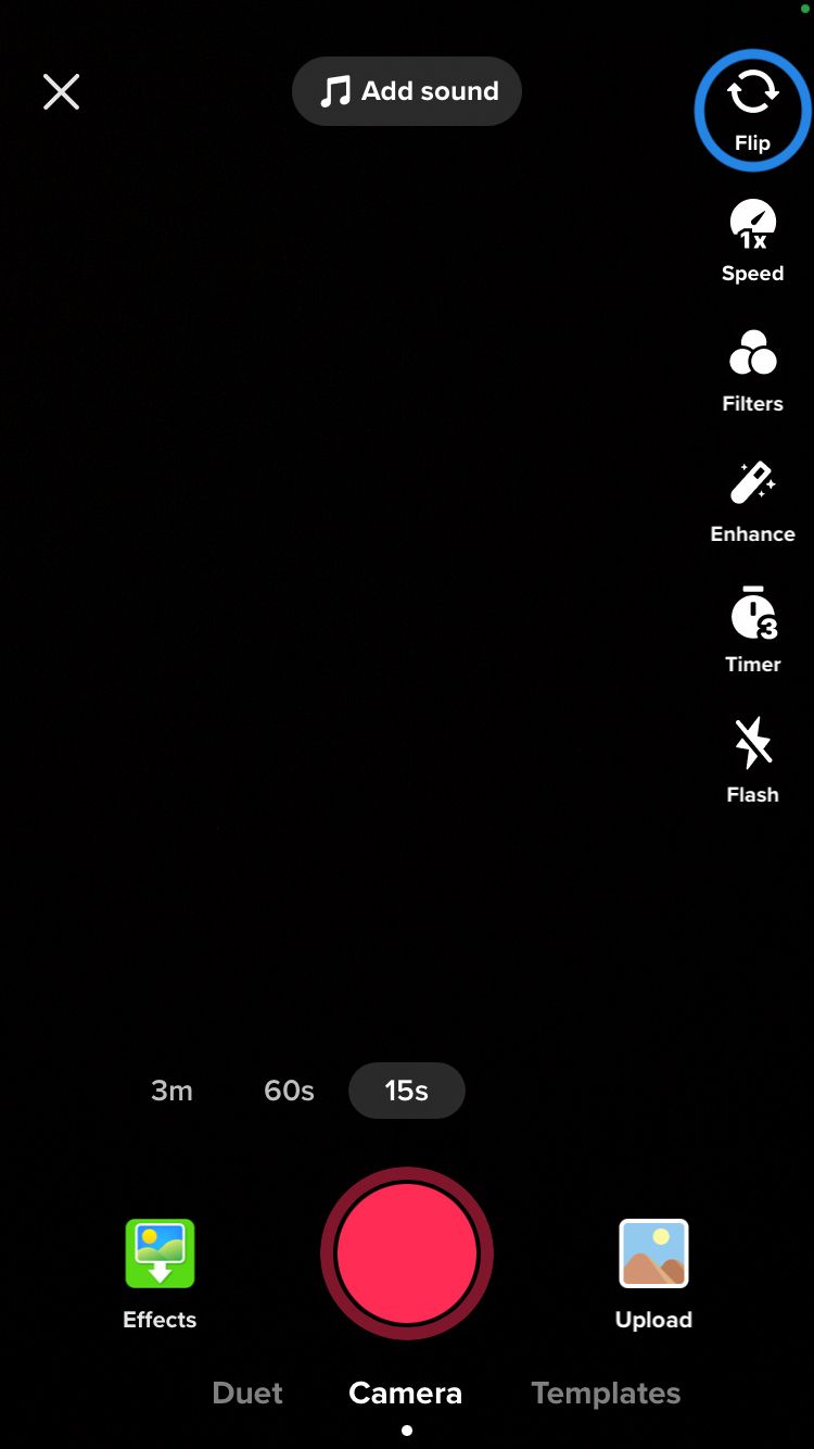 Switch between the front and back camera using the ‘Flip’ option on TikTok