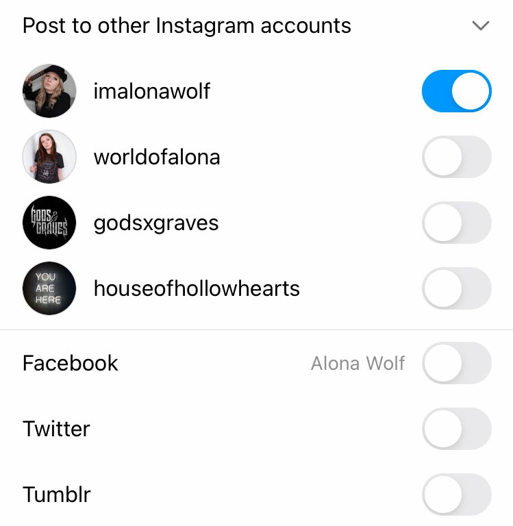 Cross-posting options on Instagram include posting to other profiles and apps including Facebook, Twitter and Tumblr