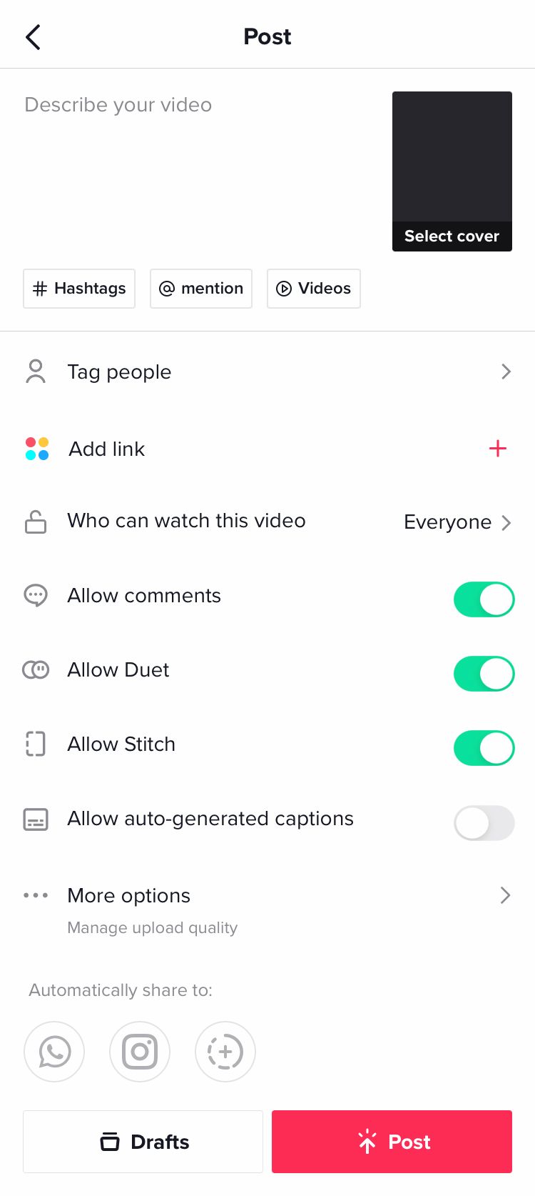 TikTok’s publication options screen for your TikTok video for posting or creating drafts