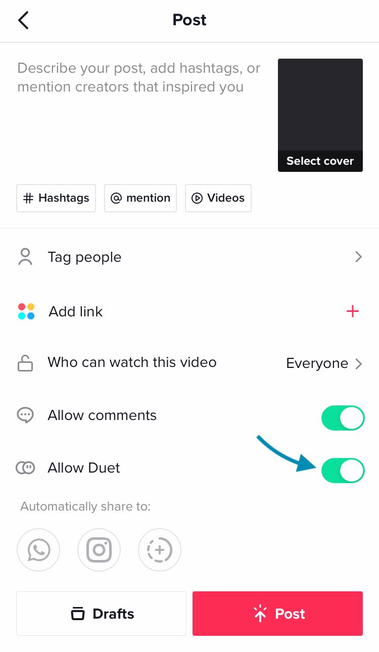 Toggle on 'Allow Duet' before publishing a TikTok video you want people to Duet with