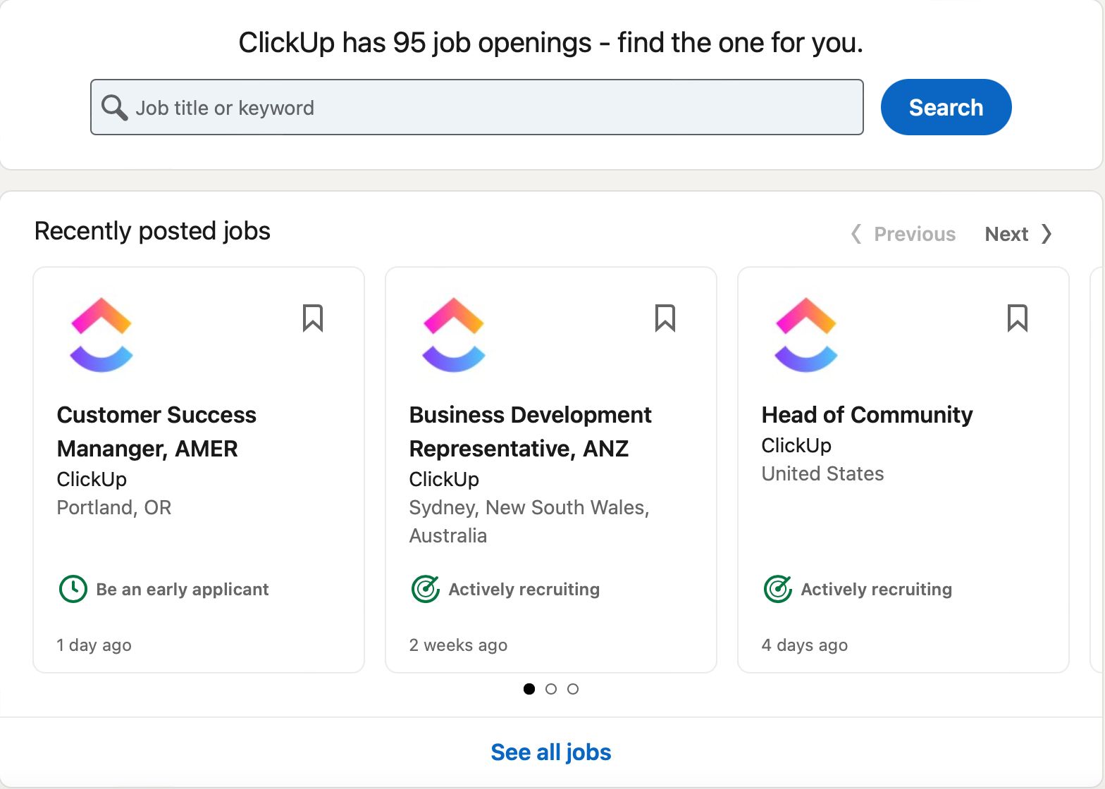 Job posting and seeking is a key feature of LinkedIn example ClickUp