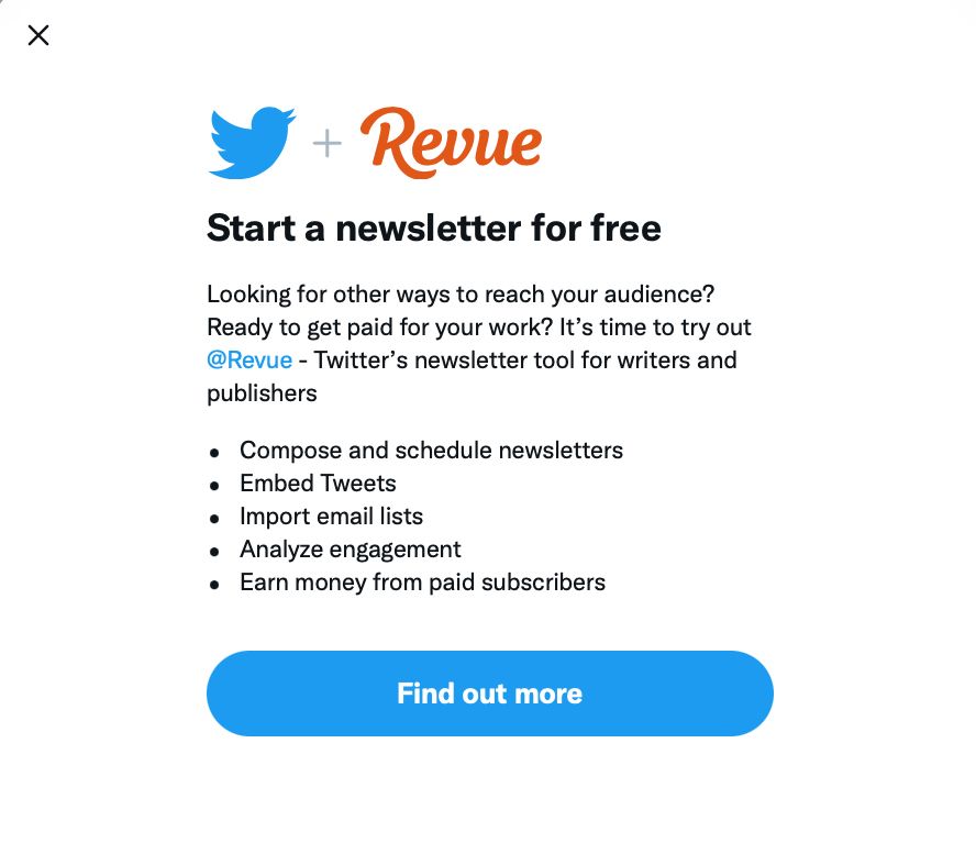 Twitter + Revue 'Start a newsletter for free'