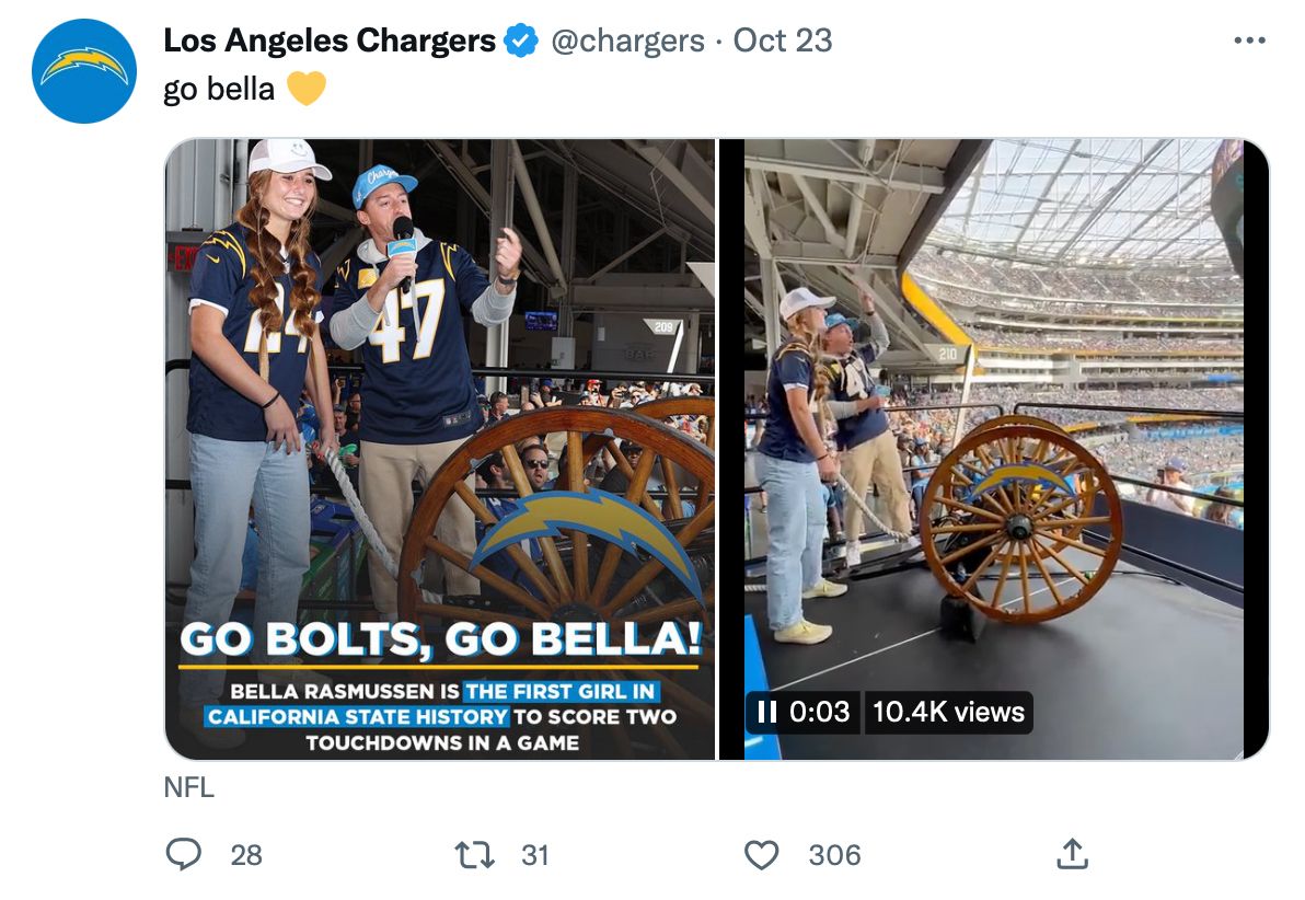 Mixed media tweet by @chargers photo with text for context and video