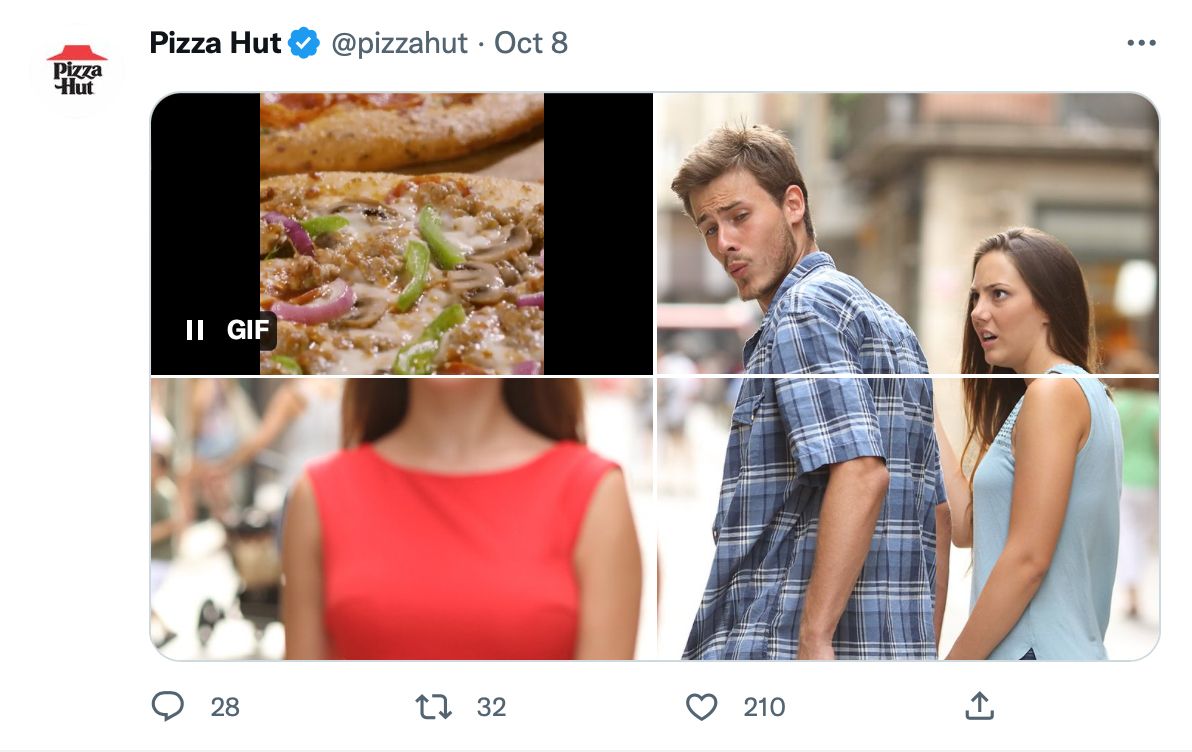 Mixed media tweet by @pizzahut photos and GIF to recreate famous meme