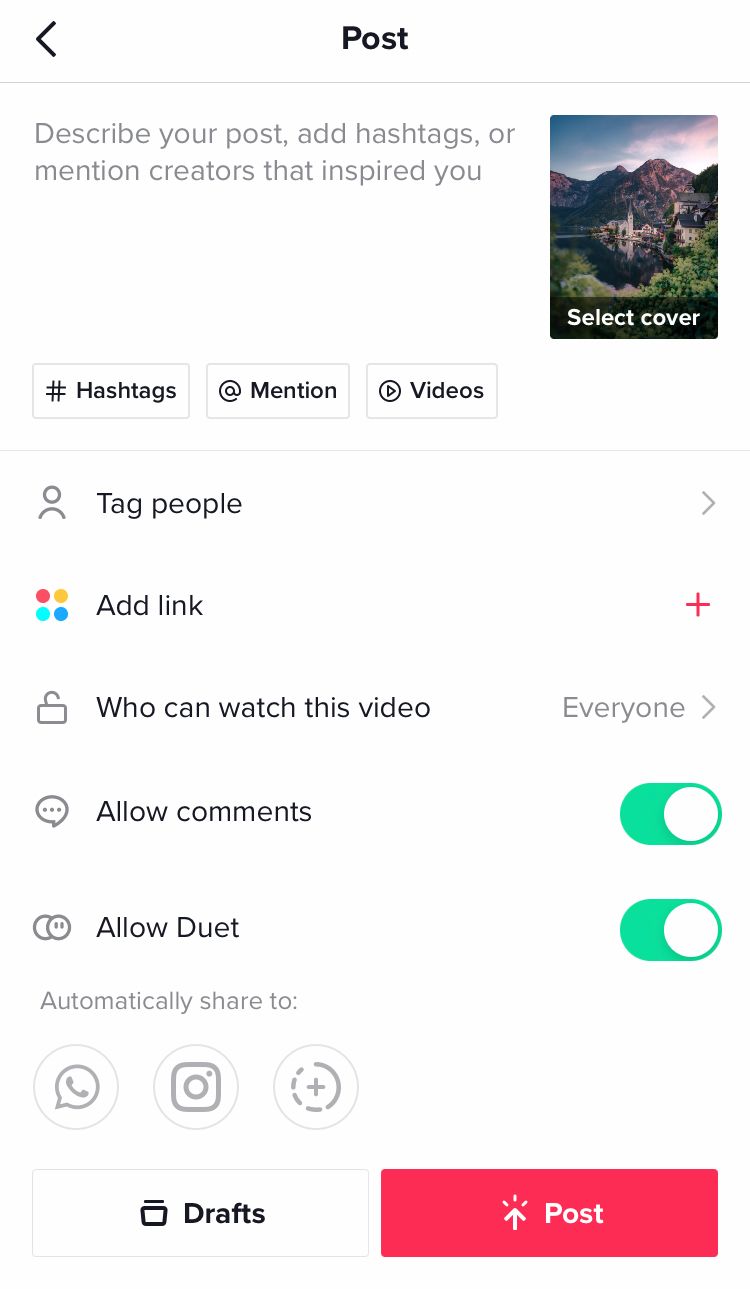 Edit the footage, description and settings before posting the TikTok video