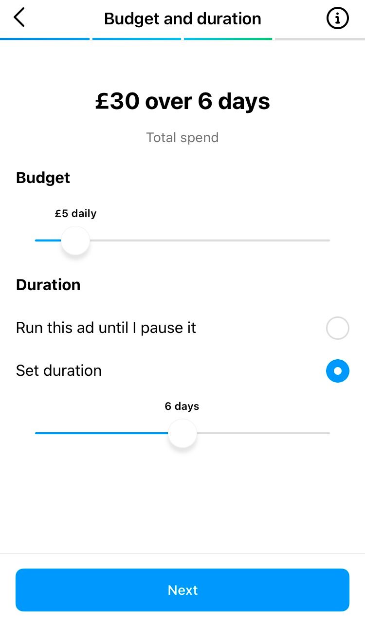 Choose a budget and duration of time or run the ad until manually paused