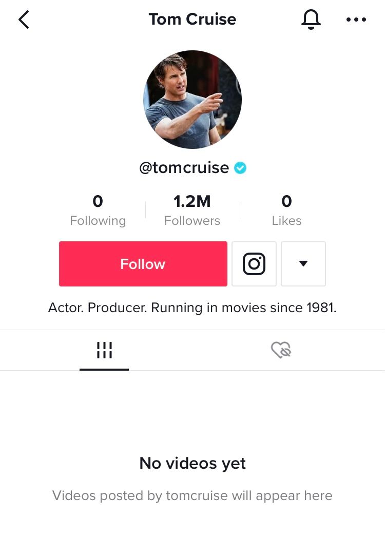 @tomcruise TikTok account verified without any videos on the profile