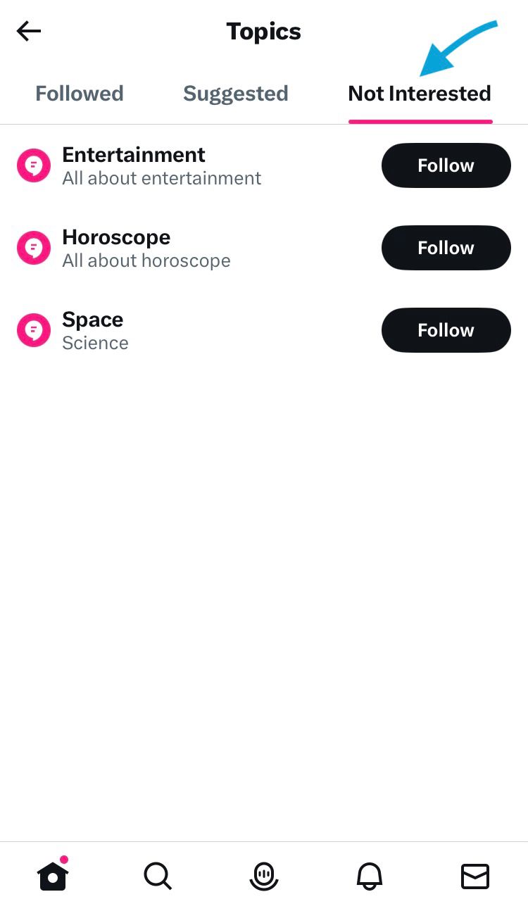 The 'Not Interested' tab shows all the topics you've hidden