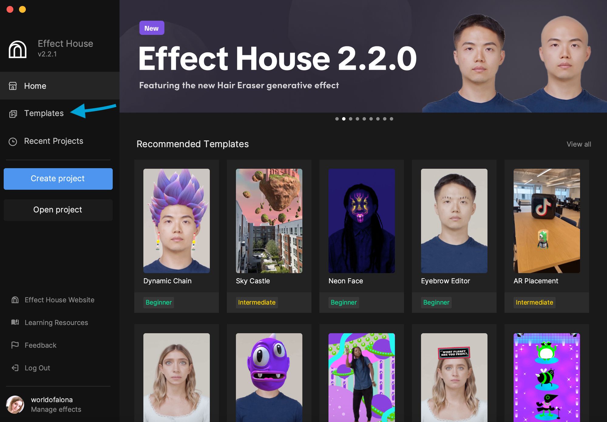Find the full range of templates in the templates tab on Effect House