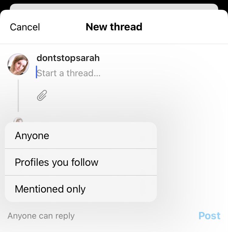Decide if anyone, profiles you follow or only profiles that are mentioned can reply to a thread
