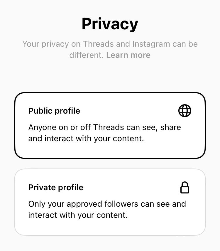 For increased privacy on the Threads app, choose to have a private profile