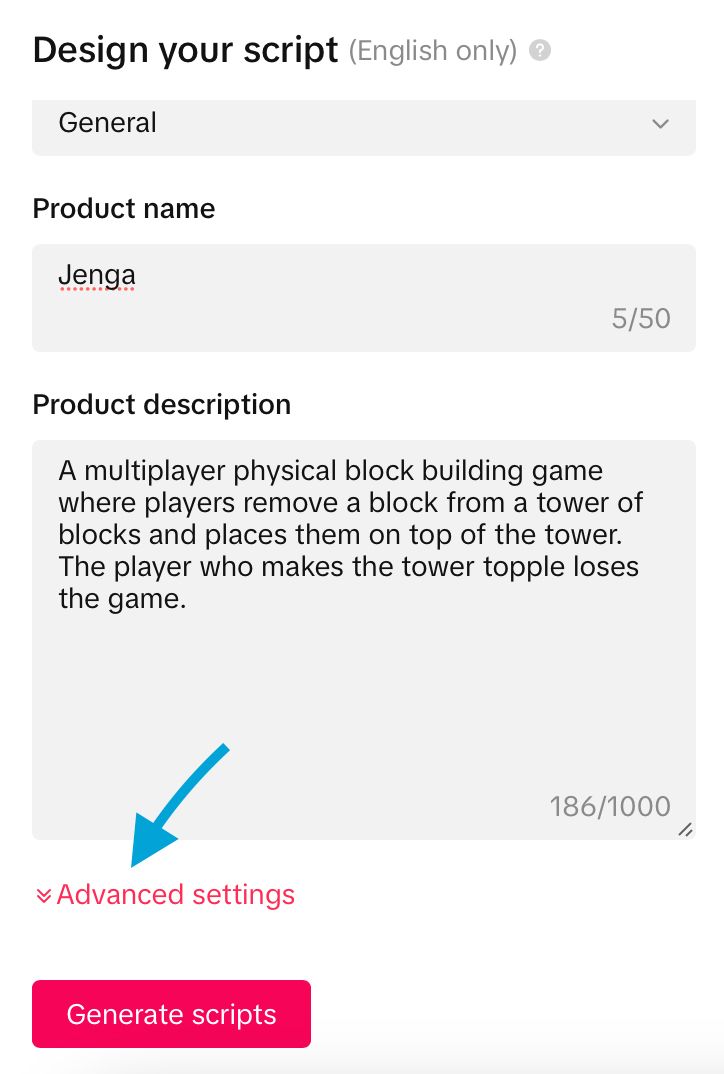 Fill in information about your industry and product to generate TikTok scripts using AI
