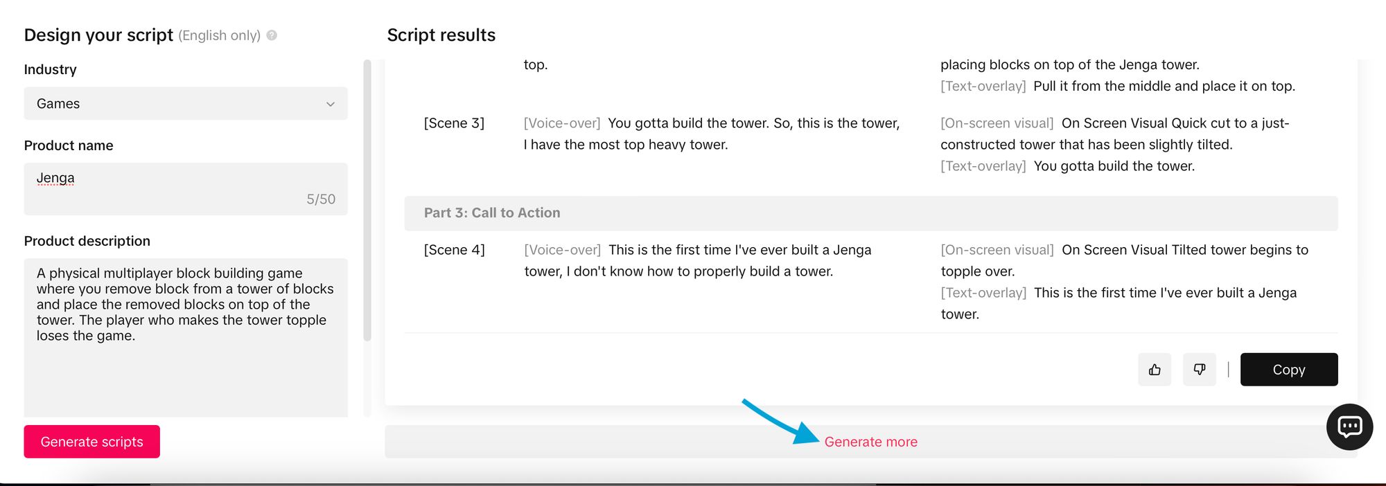 Click 'Generate more' to get more AI-generated scripts