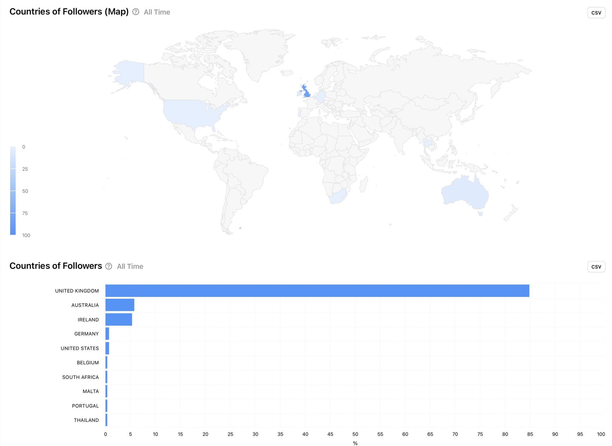 View the locations of your followers on a map and in a bar chart