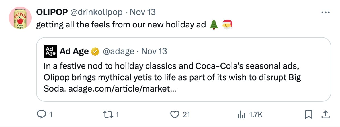 Social media content referencing the holiday advert by Olipop