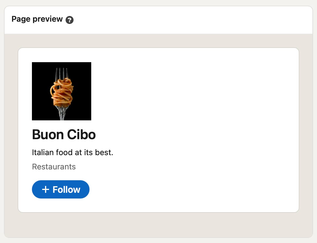 Preview of a top card while filling in details on the creation screen for a LinkedIn Page