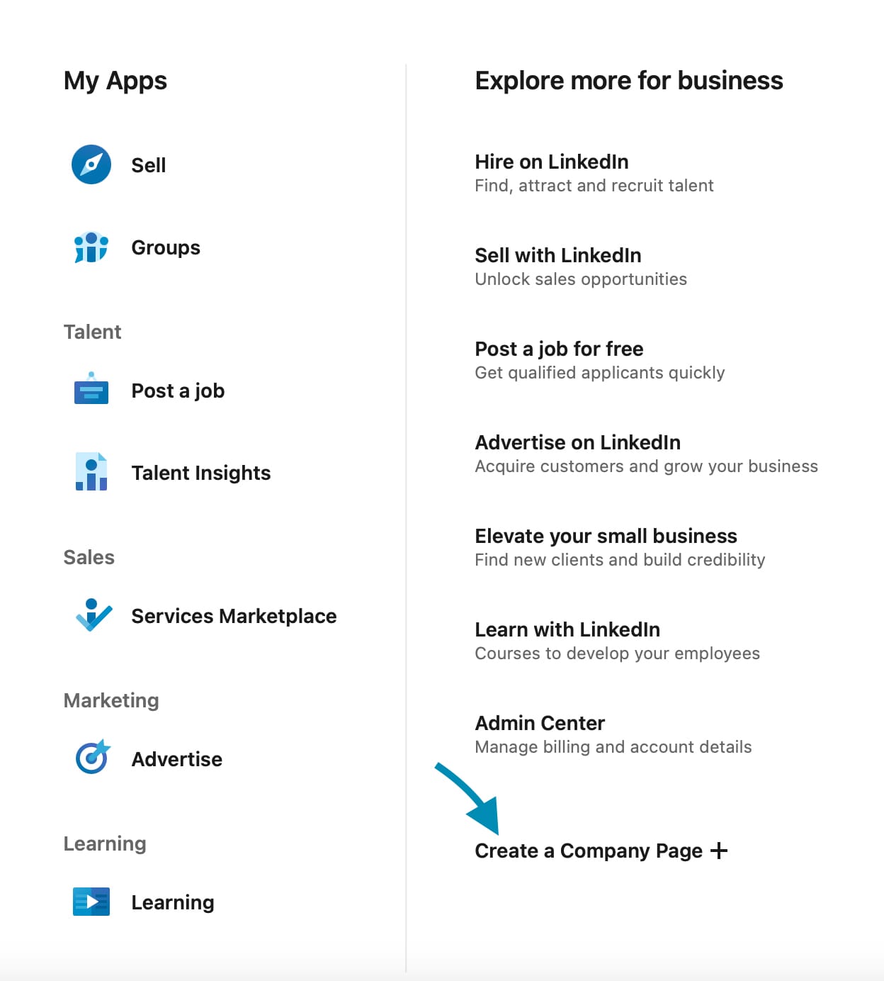 How to create a LinkedIn Page - navigate to the creation screen on desktop