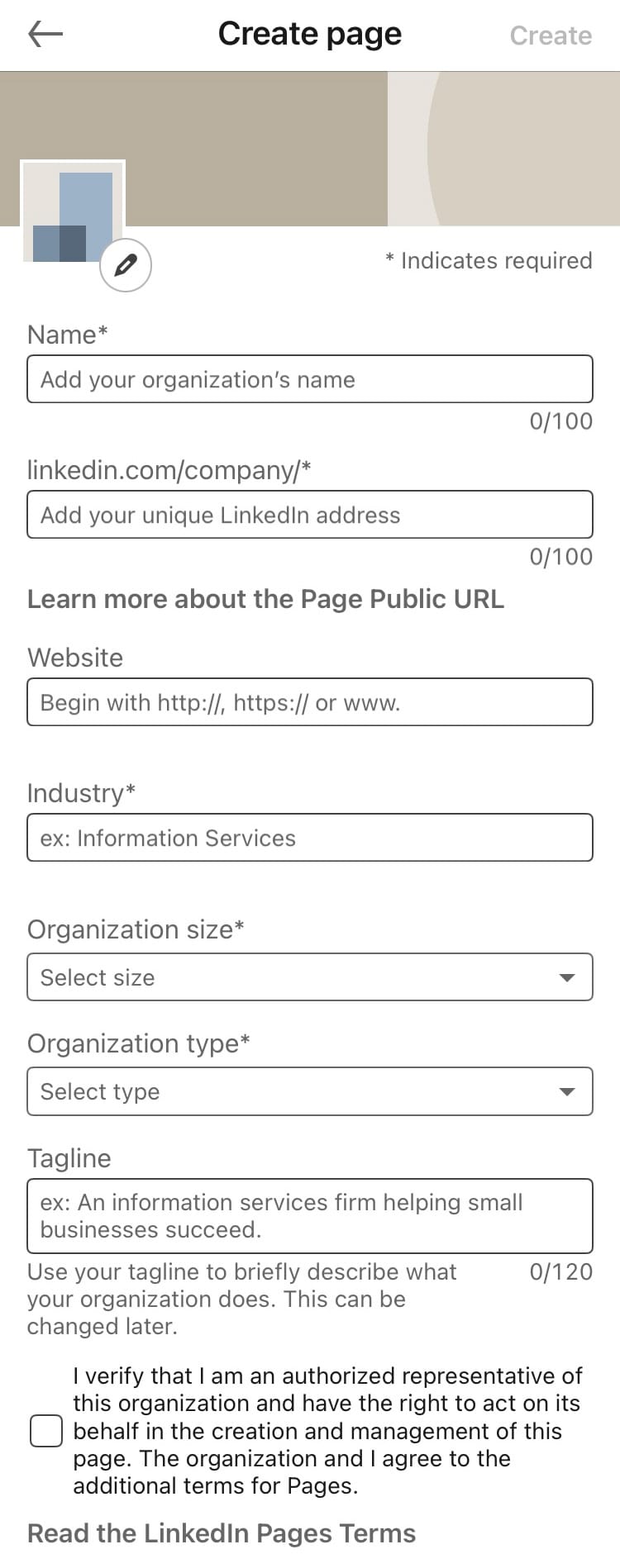 Fill in your business information before creating your company LinkedIn Page