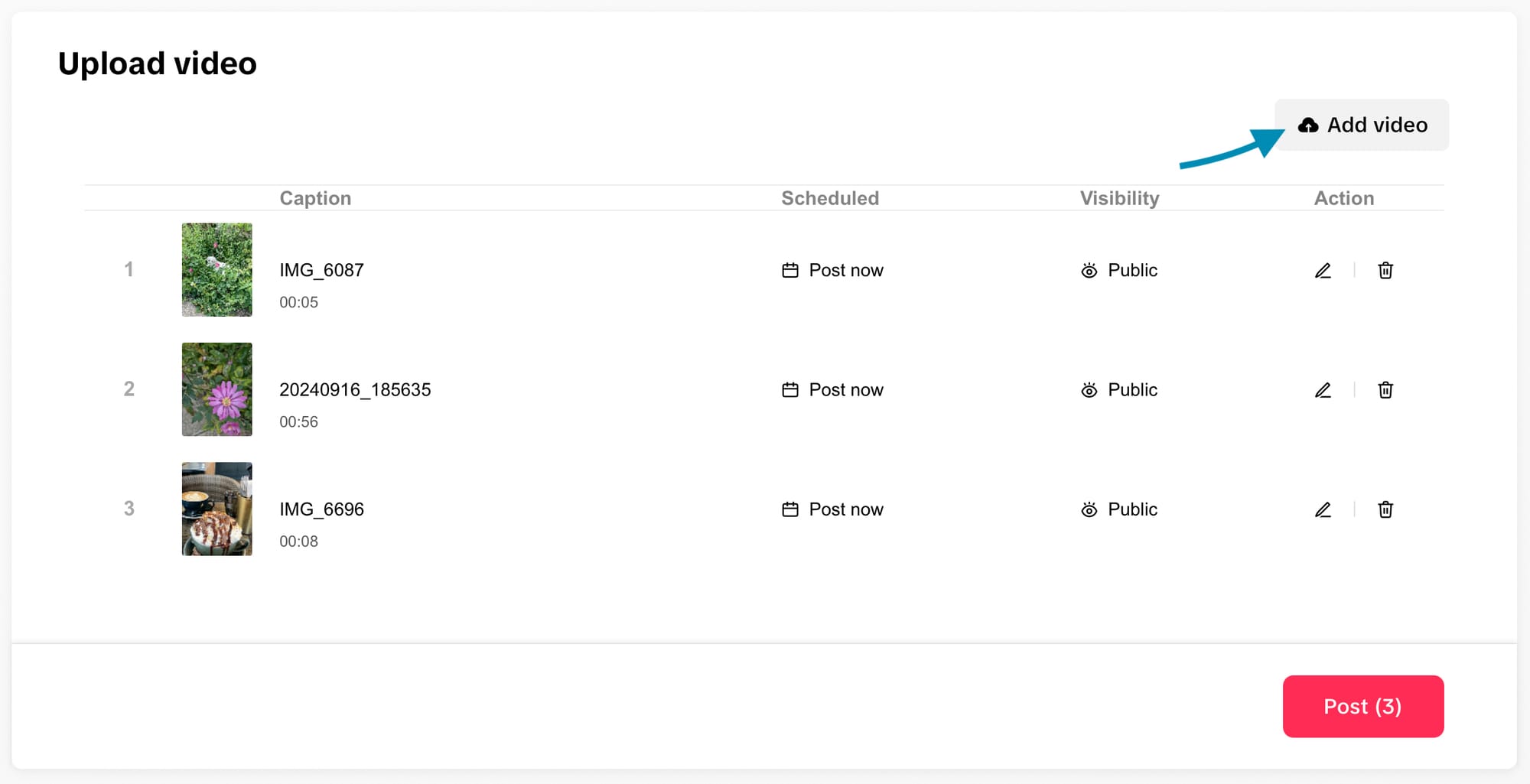 Add up to 30 videos to the TikTok bulk uploader