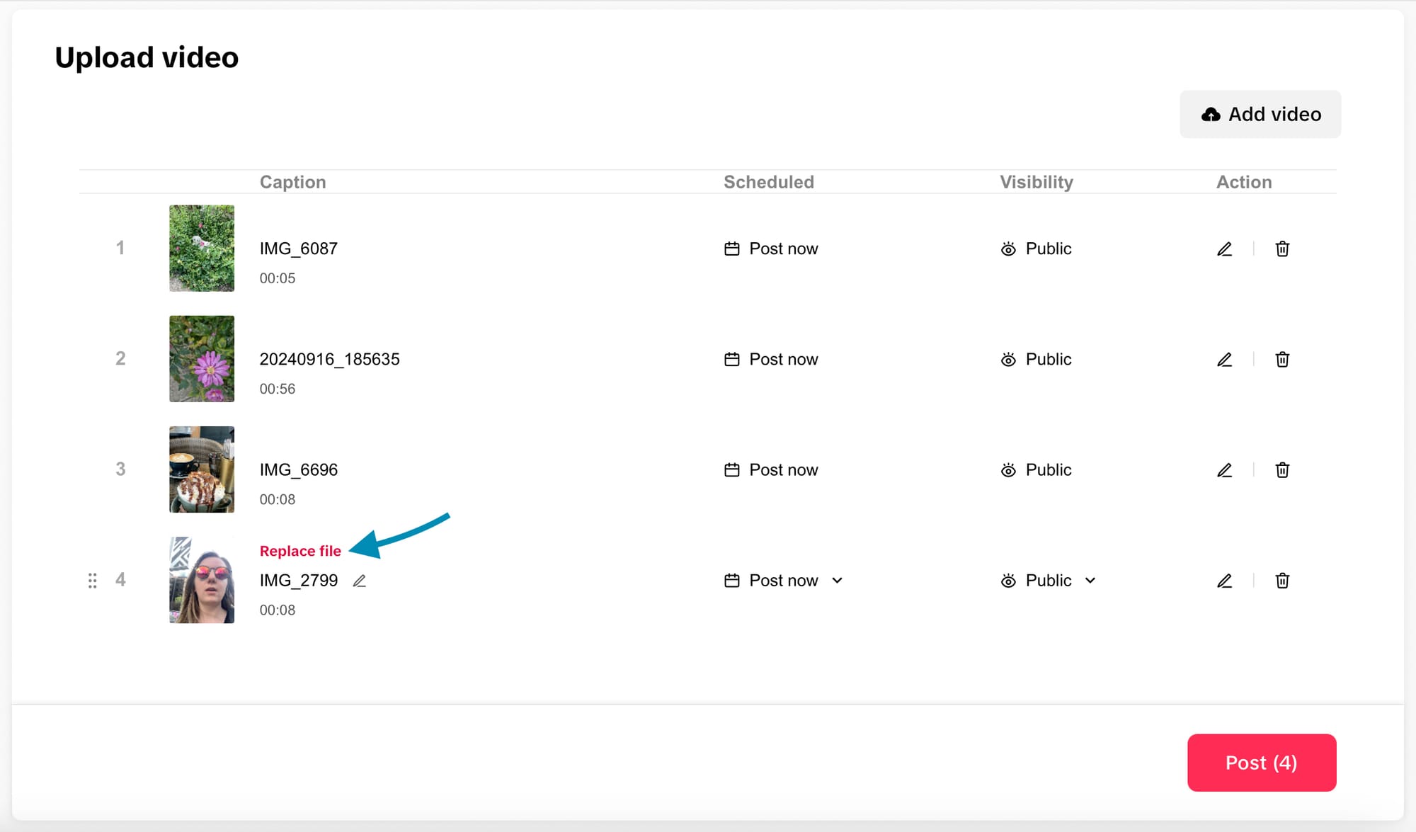 Remove a video and add a different video to the TikTok bulk uploader