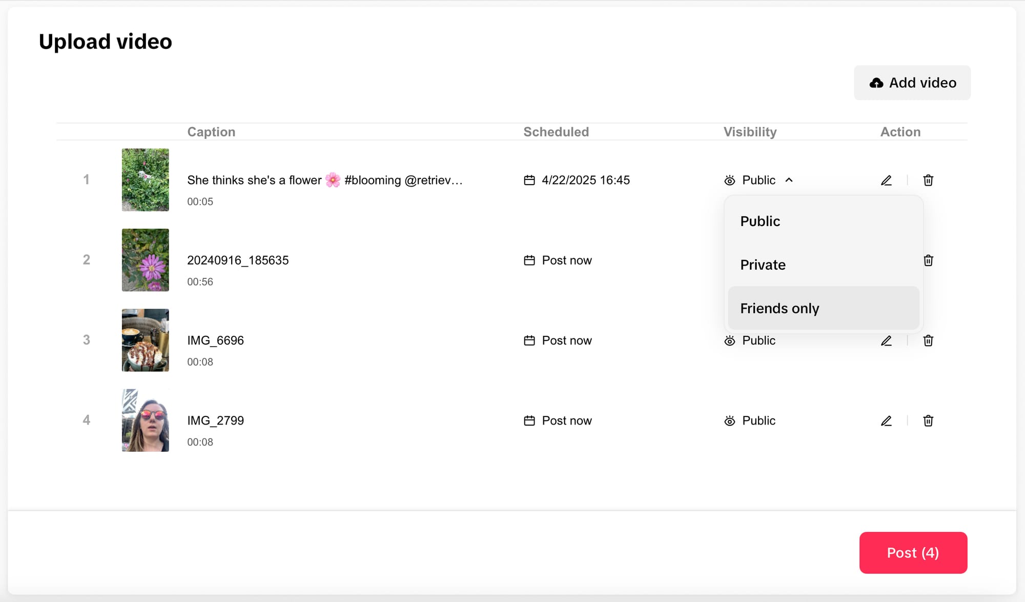 Choose whether a video is public, private or visible to friends only