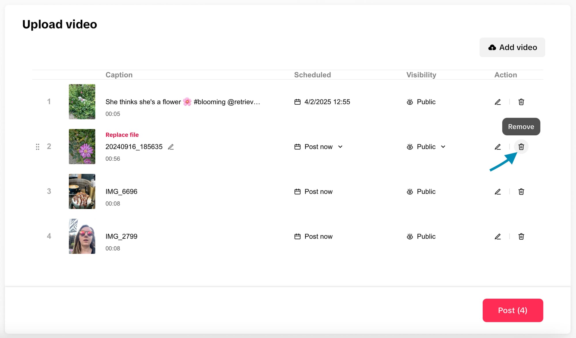 Delete a video before publishing