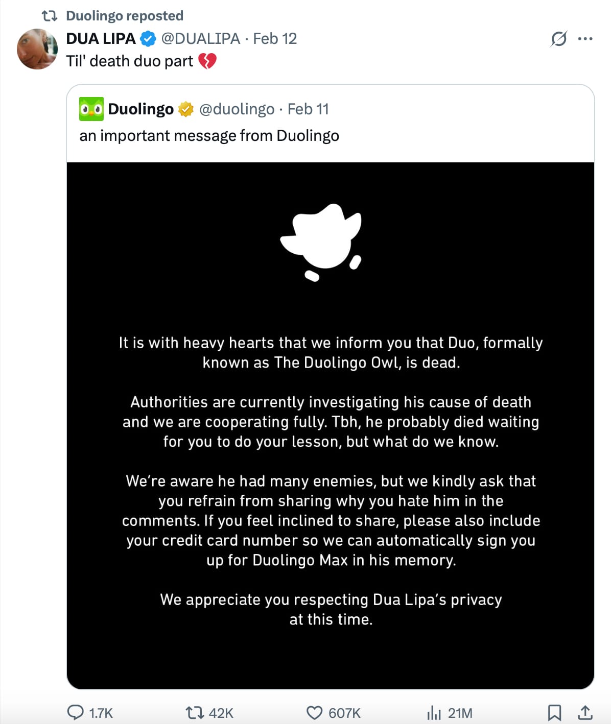 The initial post that launched the Duolingo social media marketing campaign