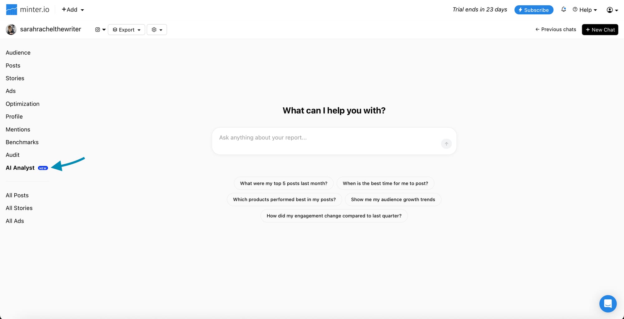 Discover the NEW AI Analyst feature by Minter.io for your social media analytics