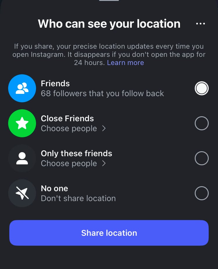 Choose who to share your location with through the Instagram map