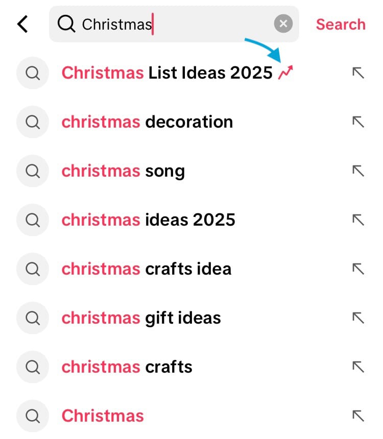 The trends icon appears at the top of search results on TikTok