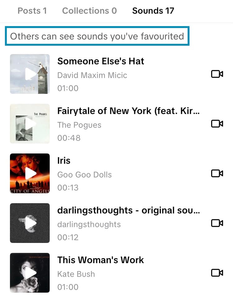 Notice displayed on your favourite sounds tab when your favourite sounds are public