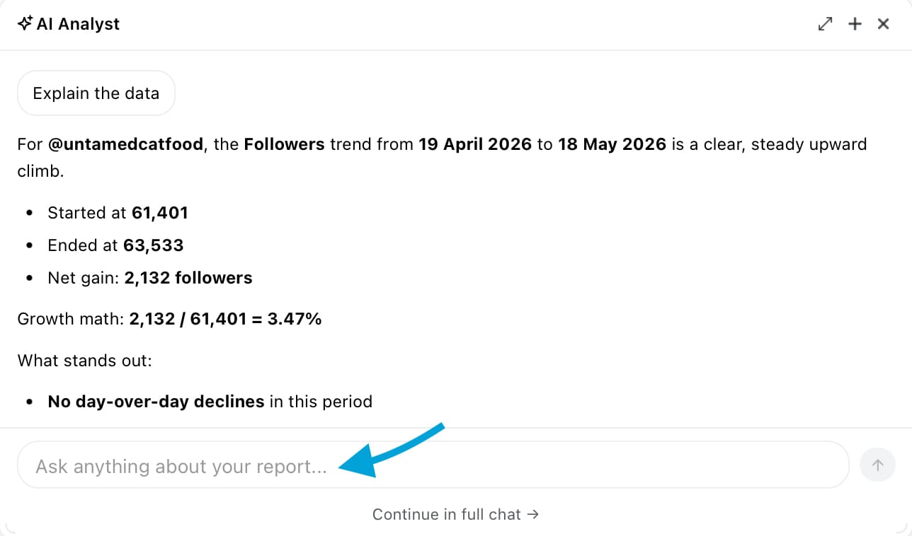 The Ask AI button brings quick-access artificial intelligence chats to social media analytics
