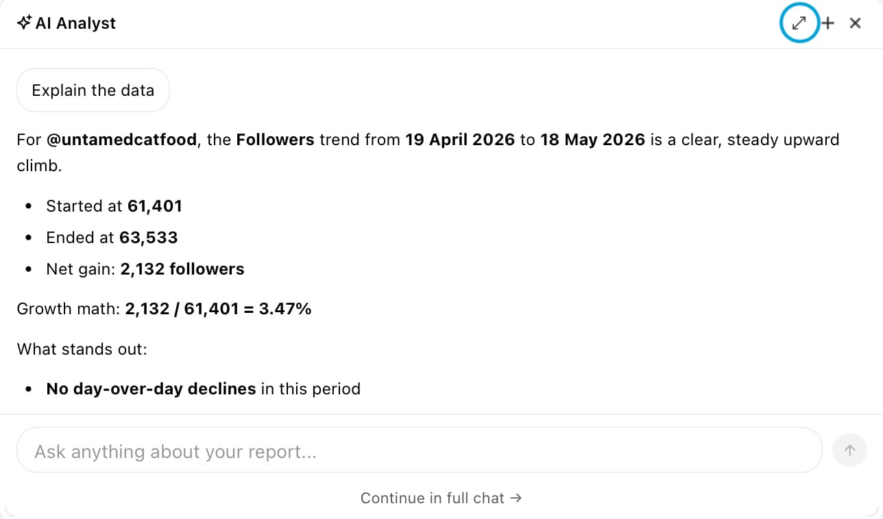 The Ask AI button brings quick-access artificial intelligence chats to social media analytics