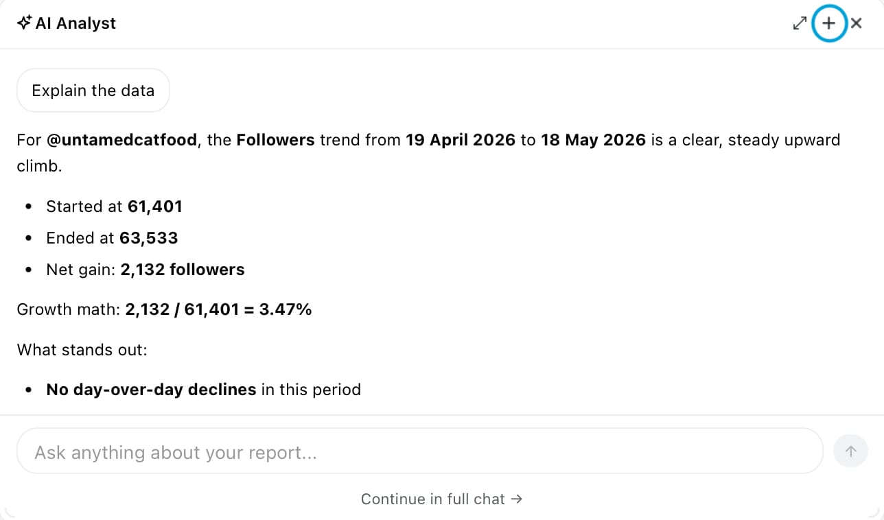 The Ask AI button brings quick-access artificial intelligence chats to social media analytics