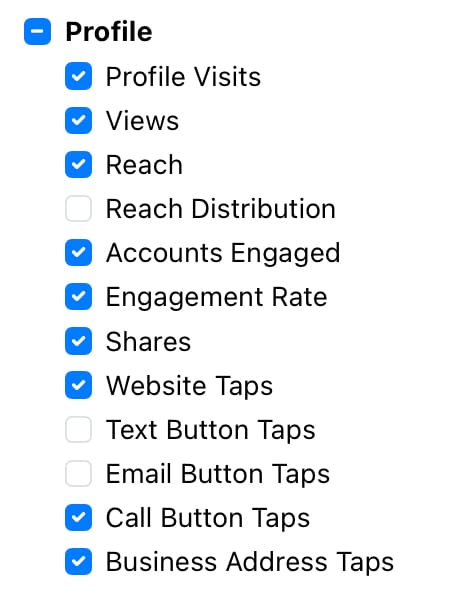 Choose the metrics to include in a social media data export with Minter.io