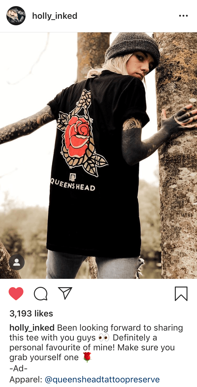 Influencer @holly_inked advert for @queensheadtattoopreserve on Instagram