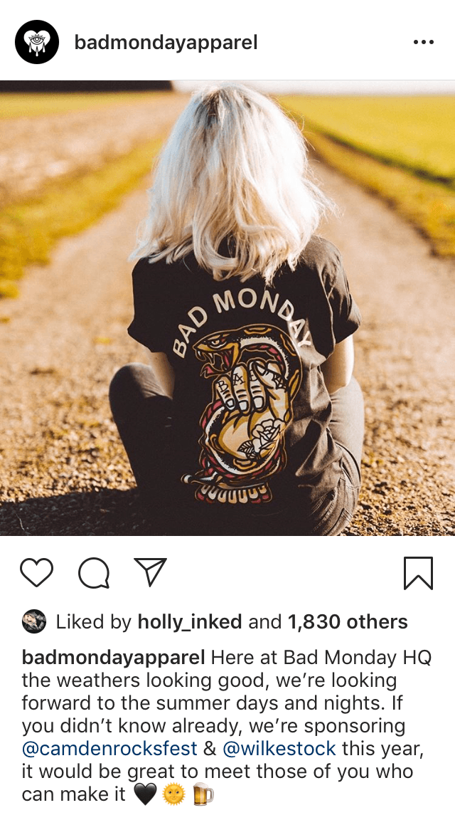 Brand @badmondayapparel sponsorship with @camdenrocksfest and @wilkestock on Instagram