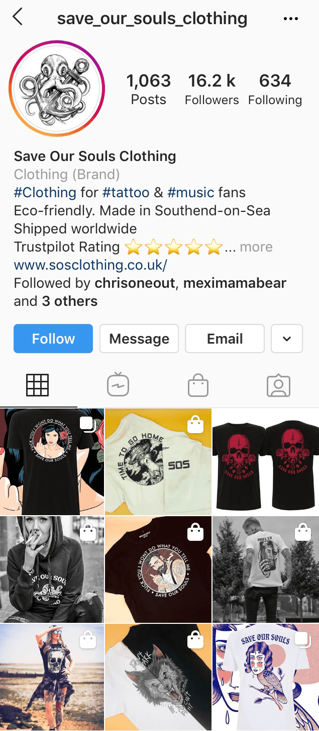 Instagram profile of @save_our_souls_clothing