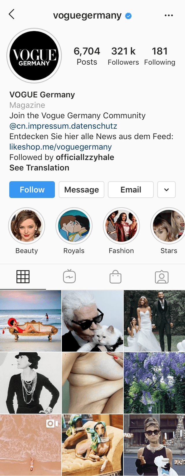 Instagram profile of @voguegermany