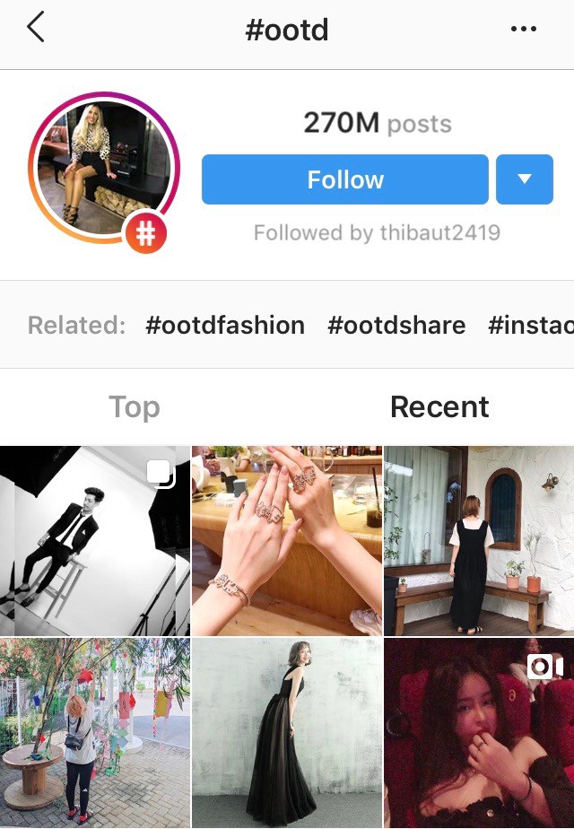 Instagram hashtag search for #ootd displaying recent posts