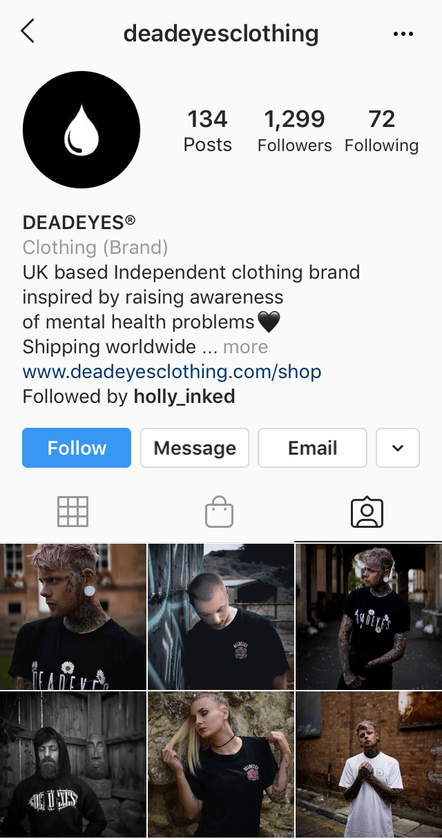 Tagged posts section of the @deadeyesclothing Instagram profile