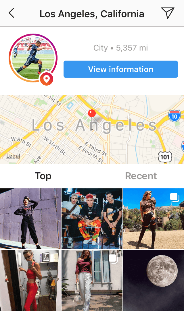 Location search for Los Angeles displaying Top posts on Instagram