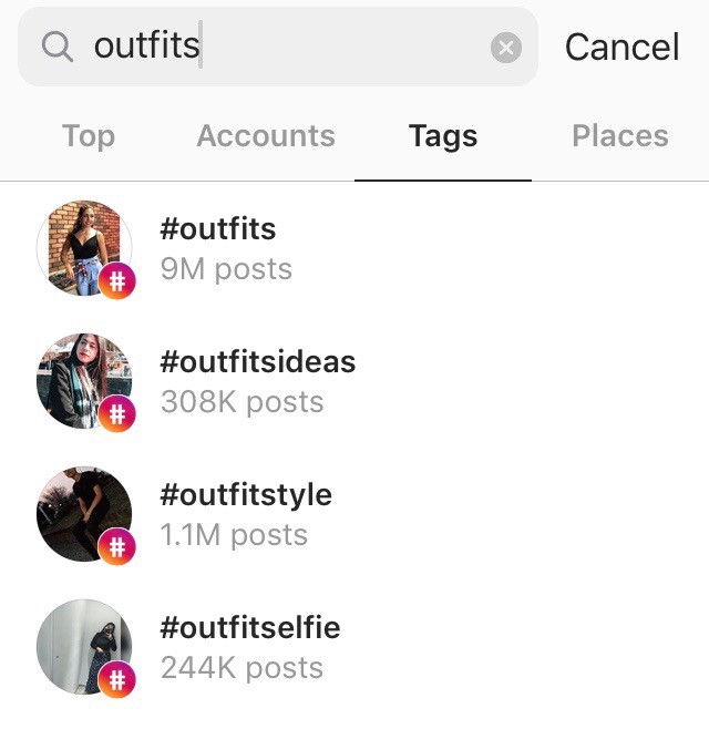 Hashtags in the Instagram search function
