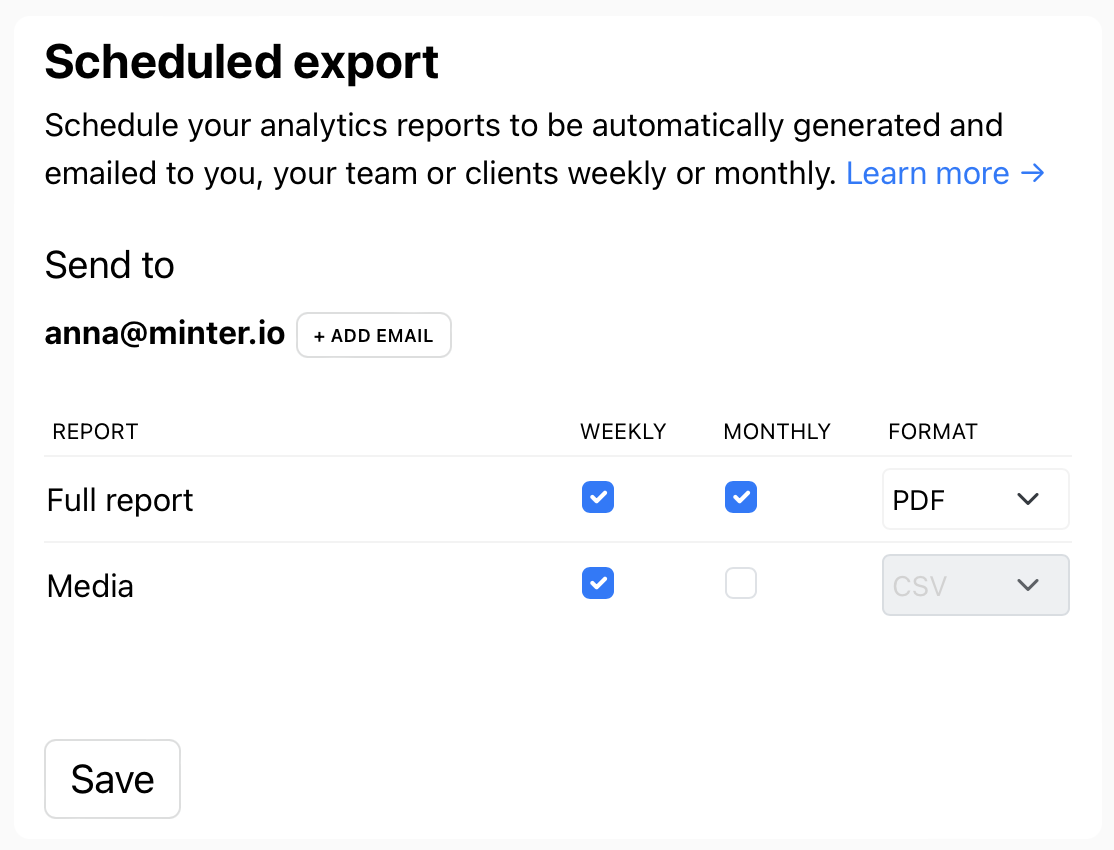 Scheduled Export for Instagram, TikTok, Facebook, LinkedIn and X.