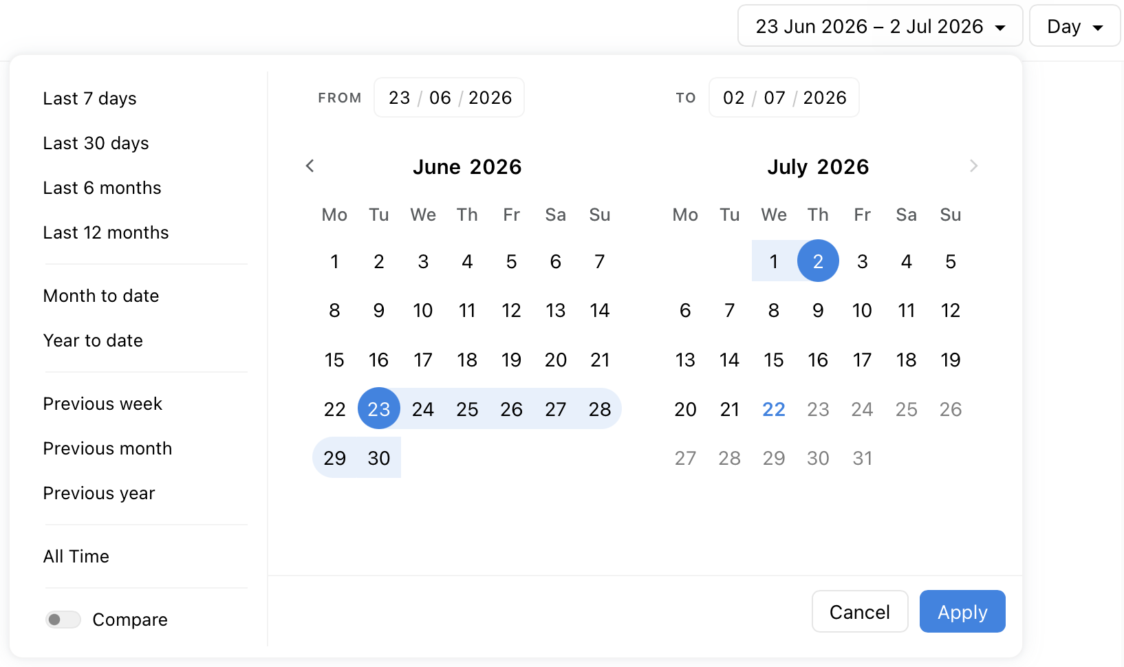 Minter.io report time range picker